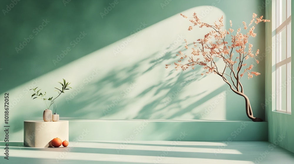 Poster minimalist 3d studio room with an earthy green background an empty floor and wall a product podium a