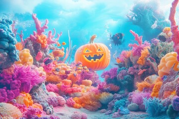 A whimsical underwater Halloween party with colorful corals and a glowing pumpkin