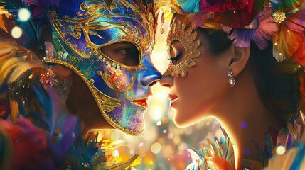A lively scene of a masked couple sharing a romantic moment at a carnival, with their colorful masks blending harmoniously with the vibrant decorations around them.