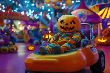 Naklejka premium A playful pumpkin character enjoys a whimsical ride in a vibrant Halloween celebration