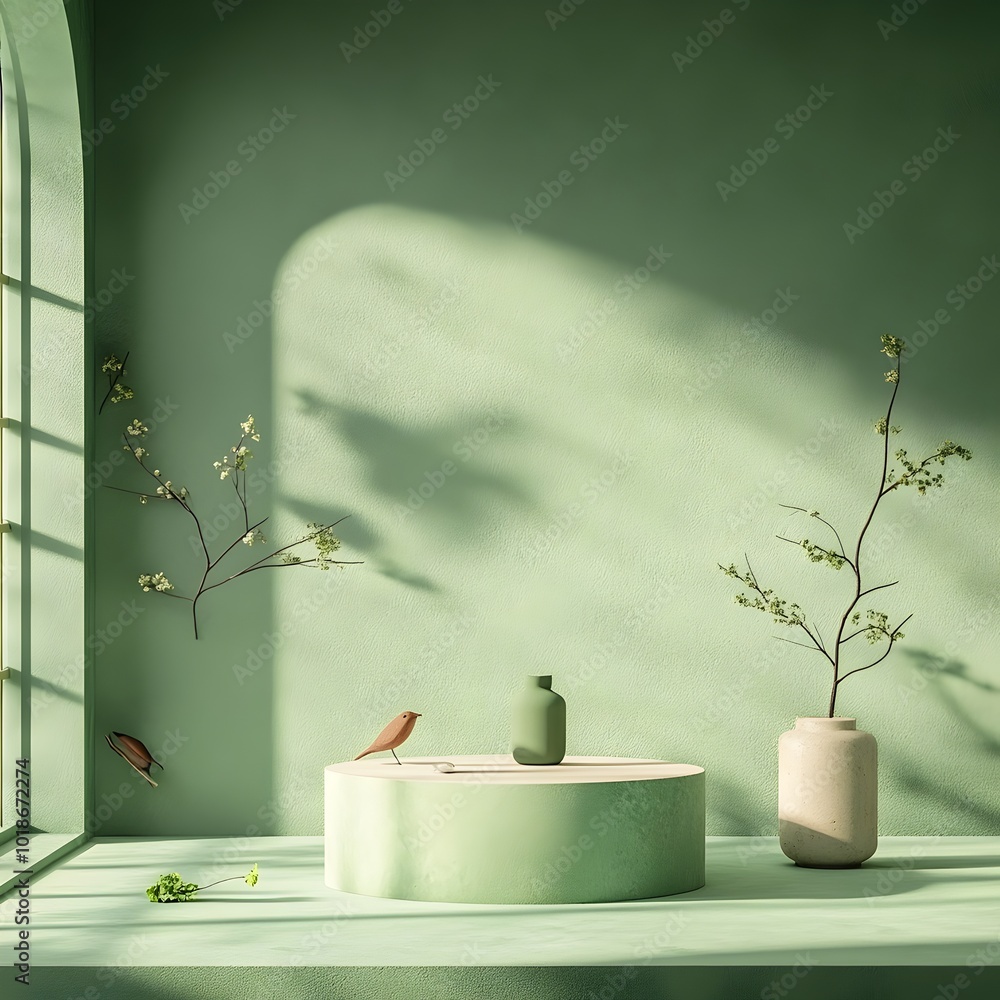 Poster minimalist 3d studio setting with a verdant green background an empty space featuring a product plin