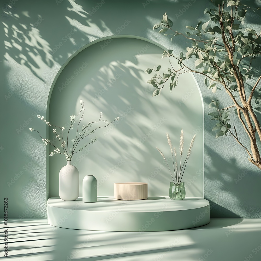 Poster elegant minimalist 3d studio setting featuring a verdant green background an empty space with a prod