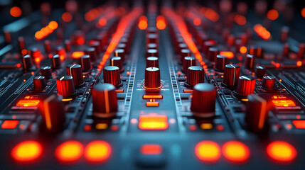 Obraz premium Close Up of a Music Mixer with Red Knobs and Lights, Digital Audio Mixing Board with Faders and Buttons, Studio Sound Equipment