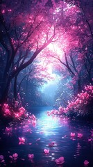 Enchanted forest with pink blossoms and serene water.
