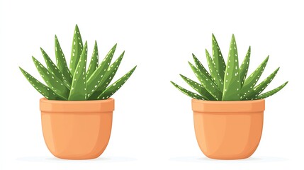 Two vibrant aloe vera plants in terracotta pots, white isolated background.