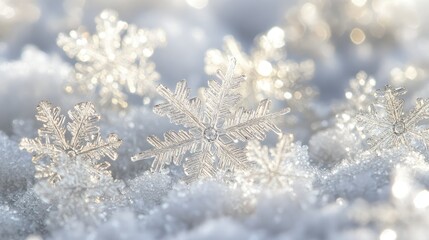 A macro view of multiple snowflakes scattered on the ground, each with intricate, delicate crystal formations, highlighted against the snow.