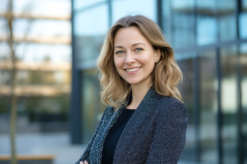 Fototapeta premium A confident businesswoman in professional attire, standing in front of a modern office building with a smile