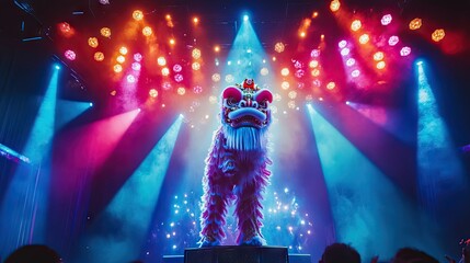 Obraz premium A mesmerizing image of a lion dance performance illuminated by colorful stage lights, creating a magical ambiance that highlights the artistry of the dancers.