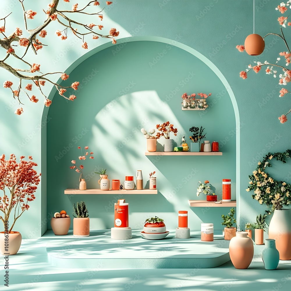 Poster minimalist 3d studio environment showcasing a striking turquoise color scheme a clean floor and wall