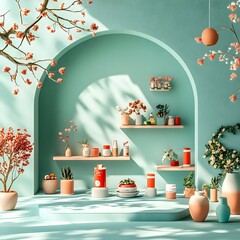 Minimalist 3D studio environment showcasing a striking turquoise color scheme a clean floor and wall composition and a centralized product display platform