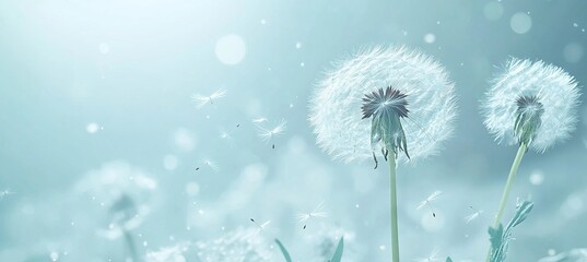 Obraz premium Delicate Dandelion Flowers with Floating Seeds in Soft Spring Colors. AI generated illustration
