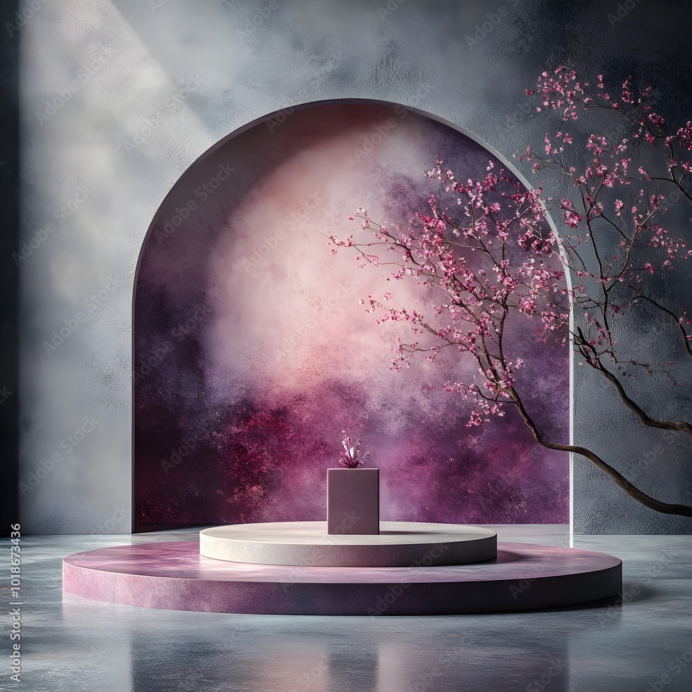 Poster amethyst hued 3d studio environment with bare floor and wall centered product podium and interplay o