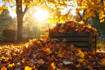 Wooden Crate Overflowing with Autumn Leaves in Sunlight