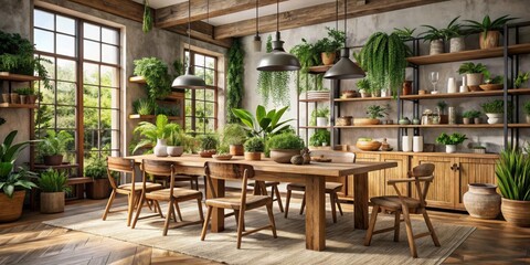 Rustic dining room interior design with wooden furniture and lush plants