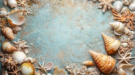 Fototapeta premium Seashells and Starfish Arranged on a Blue and Brown Textured Surface
