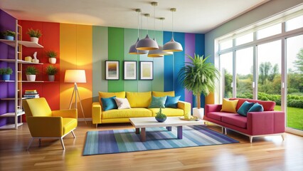 Modern interior design with bright colors in a rendering for home decor inspiration