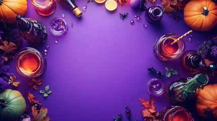 spooky halloween cocktail menu, flat design, top view, potion bottles and creepy glasses on purple background, party theme, 3D render, Complementary Color Scheme 