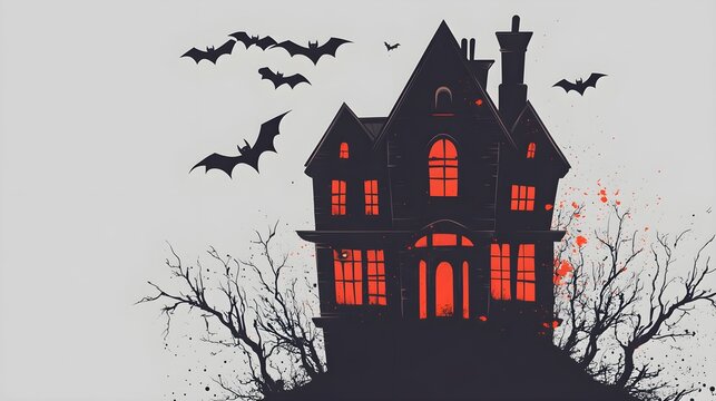 haunted house illustration, flat design, top view, bats flying and broken windows on grey background, horror theme, 3D render, Triadic Color Scheme 