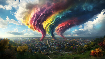 Abstract Rainbow Twisters Above Cityscape with Colorful Clouds and Stars in the Sky