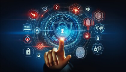 A hand interacts with a futuristic digital interface that displays various cybersecurity icons representing advanced digital security.
