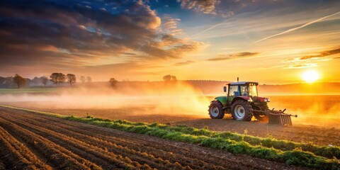 Fototapeta premium Tractor plowing field at sunrise with mist rising in serene agricultural industry scene