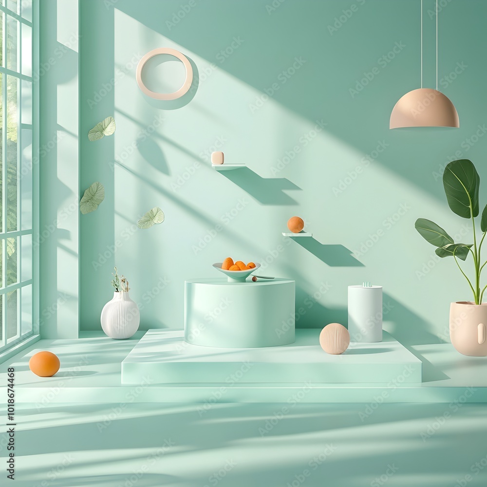 Poster tranquil mint green 3d studio setting with uncluttered surfaces and directional shadows casting onto