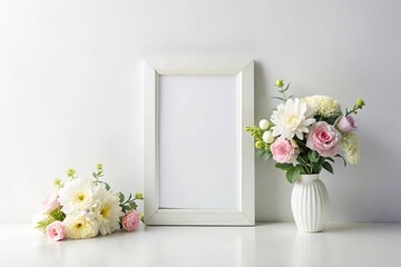 Blank vertical frame mockup on white background with flower decoration