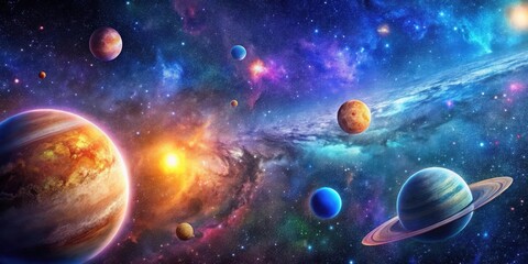 Vibrant Space Scene with Realistic Textures of Stars, Planets, and Milky Way
