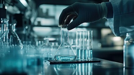 A scientist's hand pouring liquid from one beaker to another, with additional glassware and lab equipment in the background, emphasizing precision in the lab.