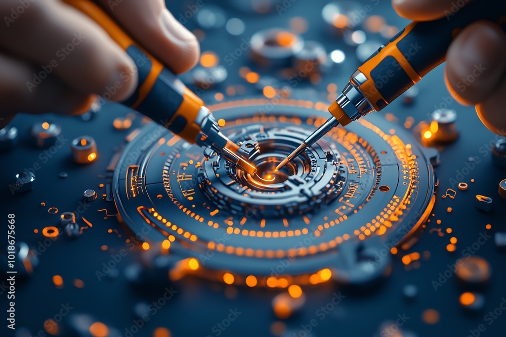 Poster Hyper-realistic depiction of an engineer using precision tools to reverse engineer a complex mechanical part, with detailed textures of metal and tools