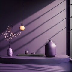 Elegant 3D studio environment with a deep purple hue backdrop showcasing a lone product stand and cascading shadow from a window source onto the countertop a detailed digital with natural lighting