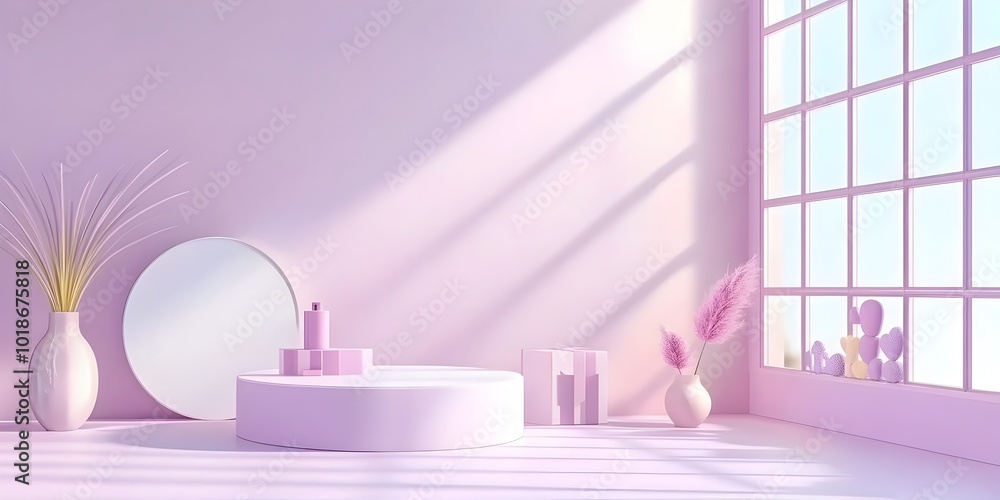 Poster elegant and serene pastel violet 3d studio environment with bare minimalist room design and dramatic