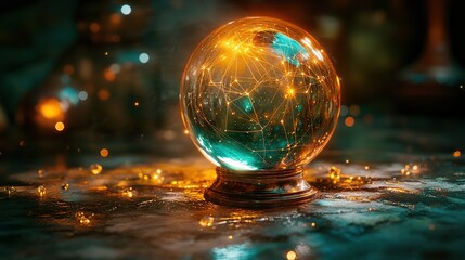 Mystical crystal ball with glowing network patterns.