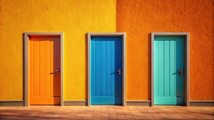 Fototapeta premium Vibrant Three Doors Standing Out Against Orange Wall in Afternoon Sunlight