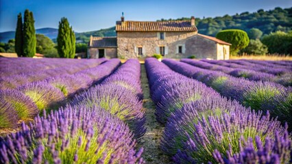 Obraz premium Beautiful landscape of Provencal lavender fields with a traditional country house