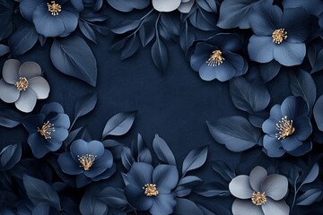 Elegant Navy Blue Flowers and Leaves on a Dark Nature Texture. AI generated illustration