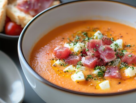 Close-up spanish typical food salmorejo tomato soup with jamon and eggs