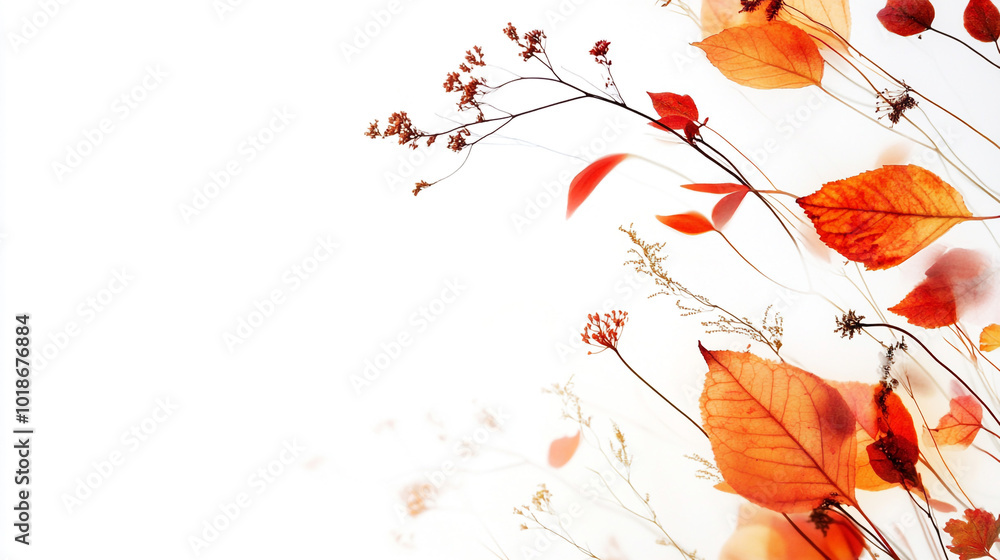 Poster autumn leaves and delicate branches arranged in a beautiful pattern on a white background