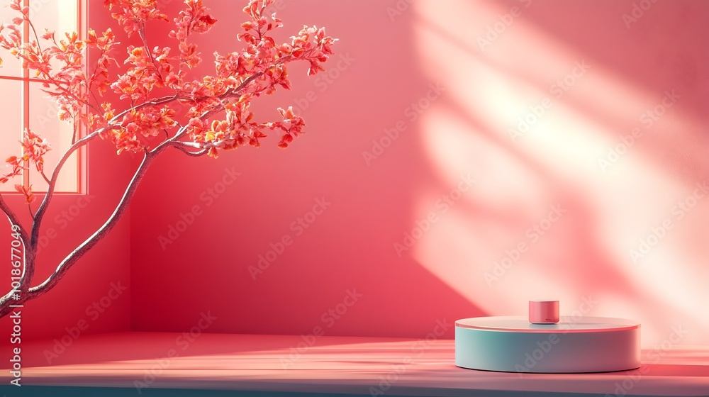 Poster dramatic futuristic 3d studio room with vibrant fuchsia backdrop and illuminating shadow effect mock