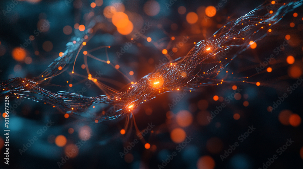 Poster abstract representation of interconnected networks with glowing nodes in a dark environment