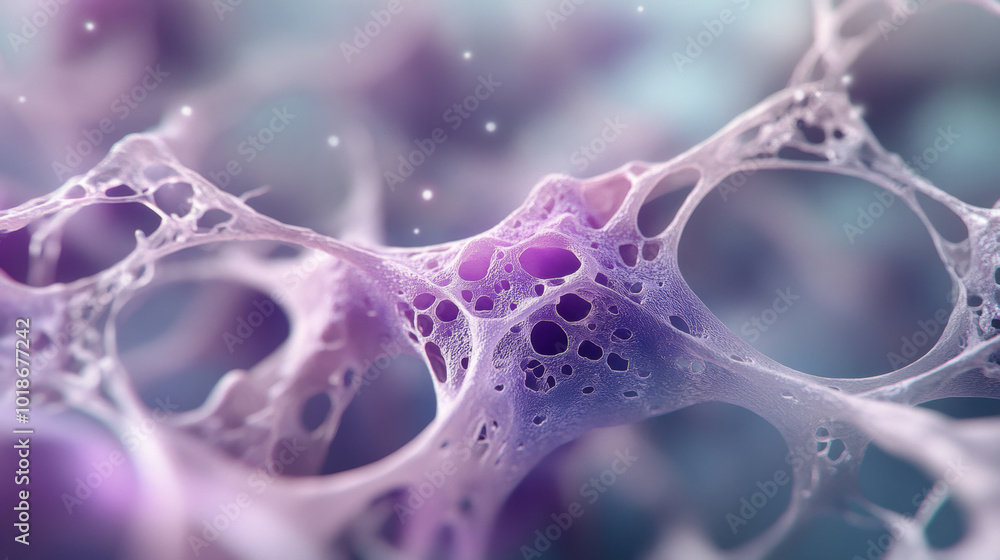Poster close up of intricate bone tissue showcasing blend of purple and blue hues, highlighting delicate st