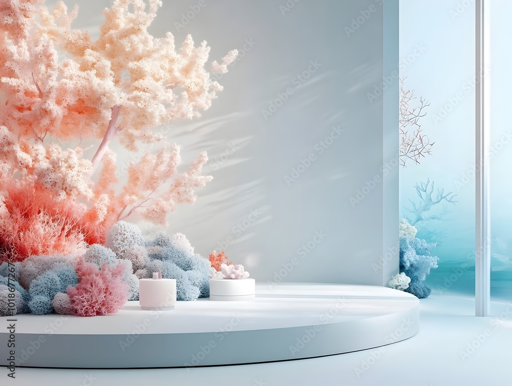 Poster futuristic 3d studio space with a stunning coral reef backdrop minimalist white floor and walls and 