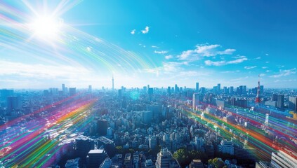 view of the Tokyo skyline, a cityscape with a blue sky and bright sunlight, digital light streaks in colorful lines across the landscape, representing data flow and connectivity Generative AI