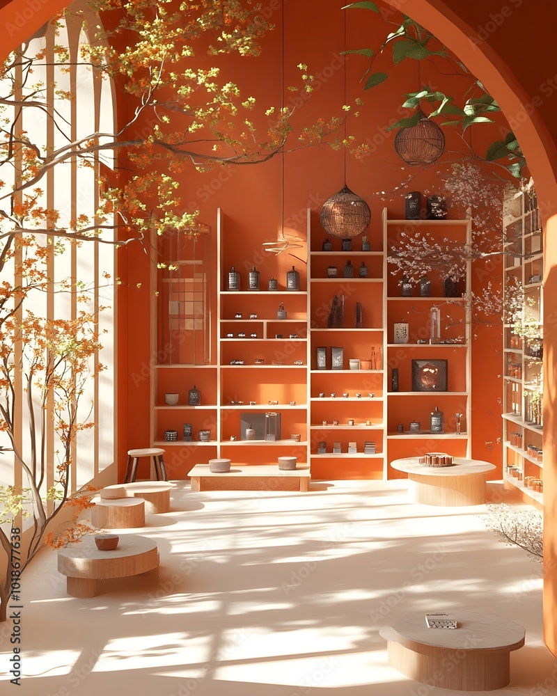 Poster serene and rich 3d studio interior featuring an open floor plan raised display stand and captivating