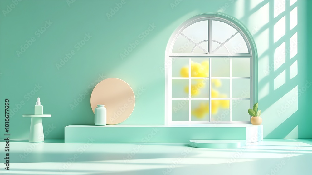 Poster Minimalistic 3D studio room with cool mint background empty floor and wall product podium shadow overlay from window to countertop mockup with natural sunlight