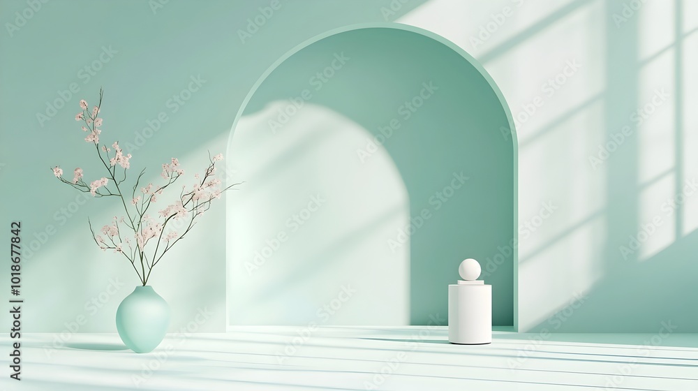 Poster serene 3d product display room with a gentle mint colored backdrop clean floor and plain walls the s