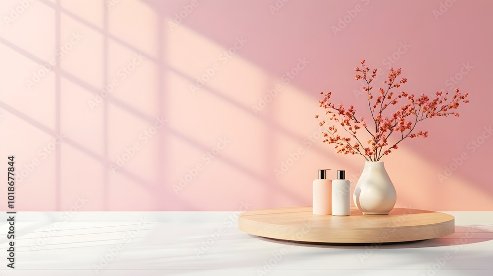 Poster Minimalist 3D studio room with soft lilac background empty minimalist floor and wall product podium display window shadow overlay on countertop mockup with soft natural lighting and finish