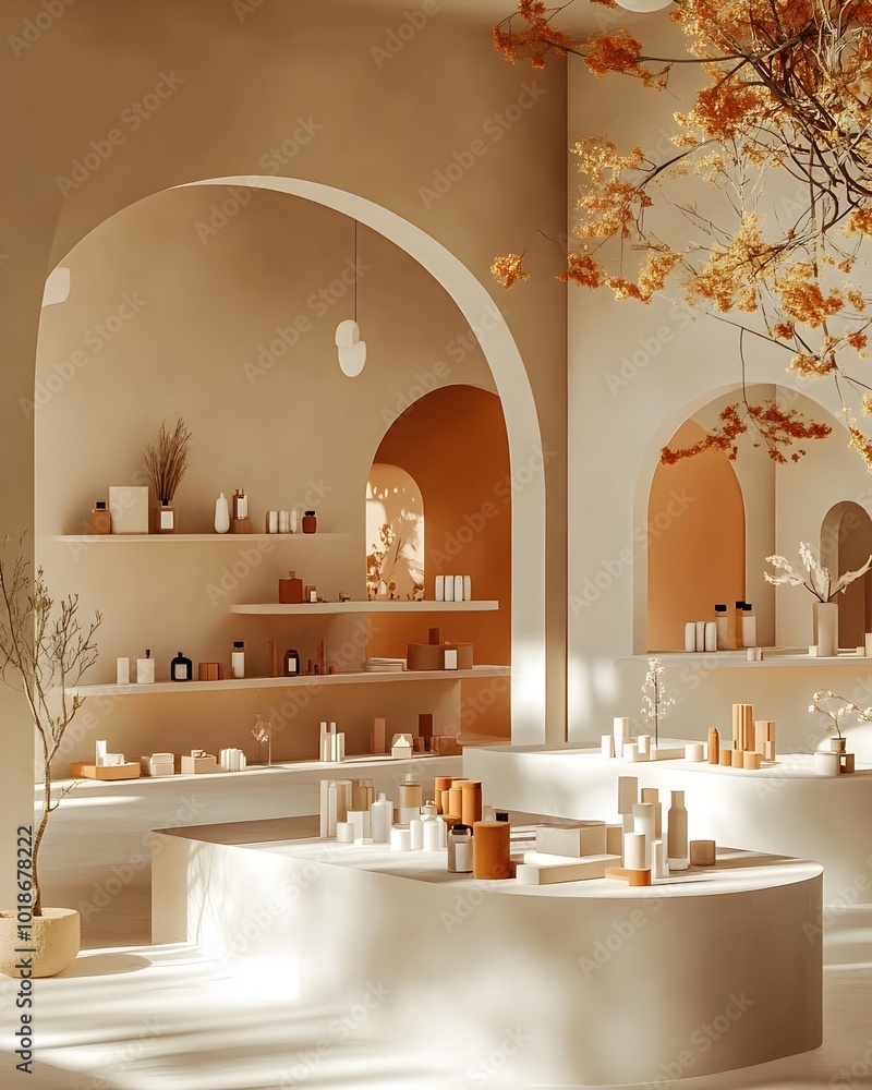 Poster serene 3d studio interior with elevated display stand and alluring shadow effects a captivating show