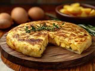 Tortilla española sliced showing inside on a plate