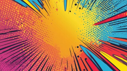 Fototapeta premium Abstract colorful comic book explosion background with radial lines, dots, and halftone effect